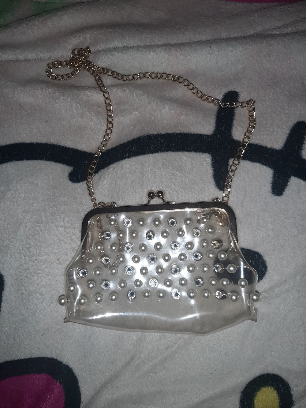 Clear Pearl-Studded Crossbody Bag with Gold Chain